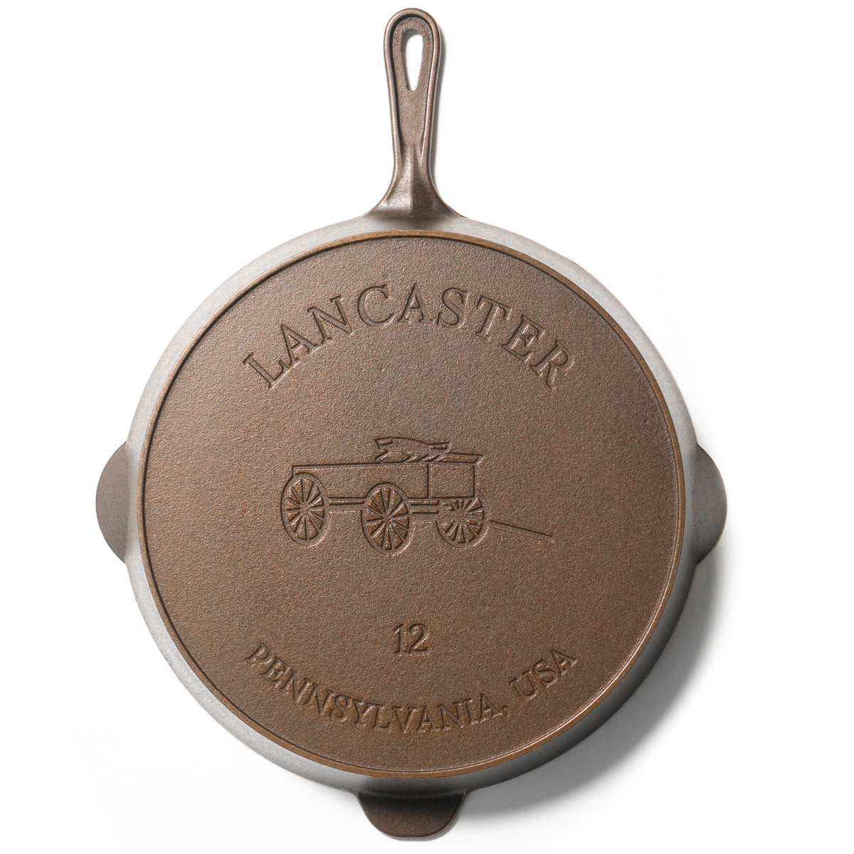 Image of the back of Lancaster Cast Iron No. 12 Skillet